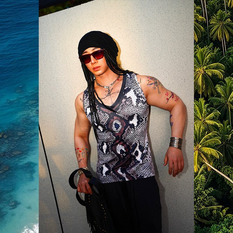 蛇纹印花背心性感运动修身V领