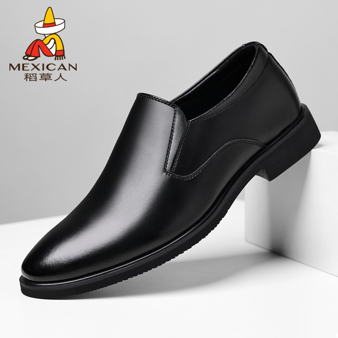 稻草人皮鞋真皮一脚蹬软底大码