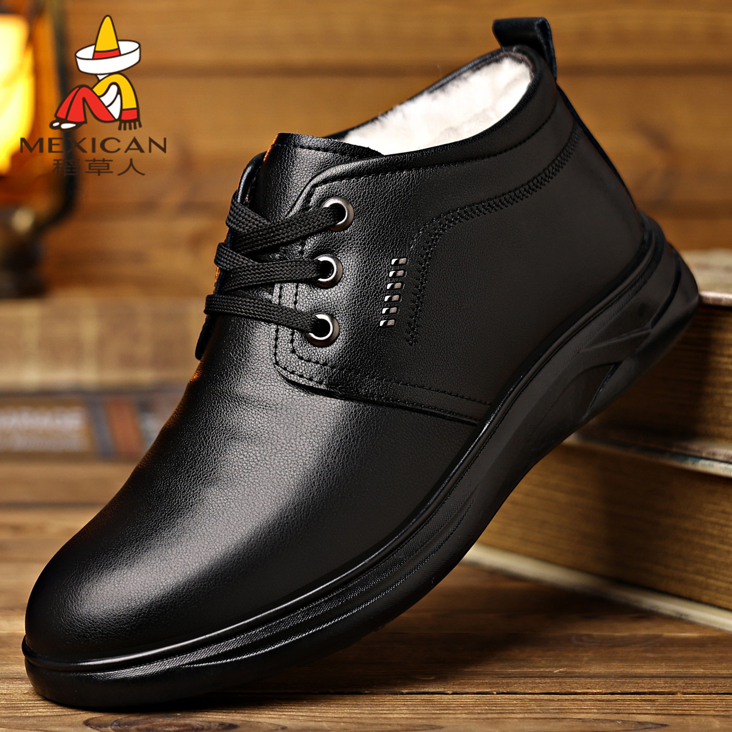 稻草人皮鞋商务正装冬季高帮真皮加绒加厚保暖雪地羊毛休闲棉鞋男,流行男鞋,高帮鞋,淘宝优惠券,粉丝福利购,淘宝优惠卷