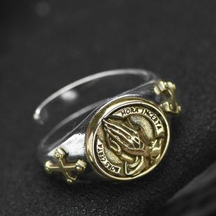 bugiel小众男士戒指个性复古祈祷之手开口帅气创意指环时尚首饰潮