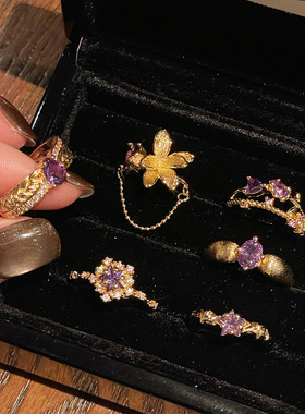 中古风中古法式复古九紫离火高级感紫色锆石开口戒指麦穗花朵百搭