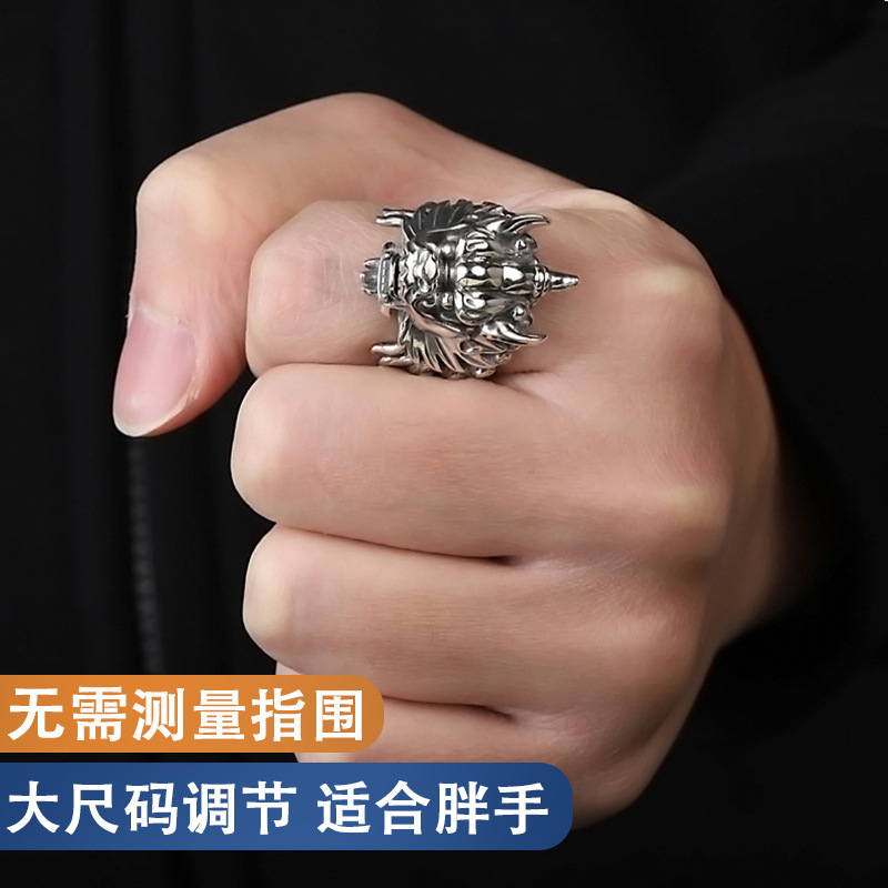 bugiel麒麟男士戒指 复古潮霸气獬豸神兽银头食指男戒戒板指戒