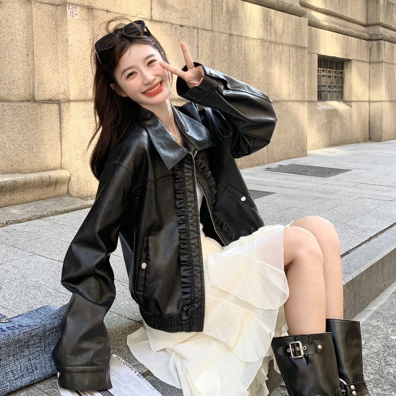 小皮衣外套女木耳边拼接PU皮夹克