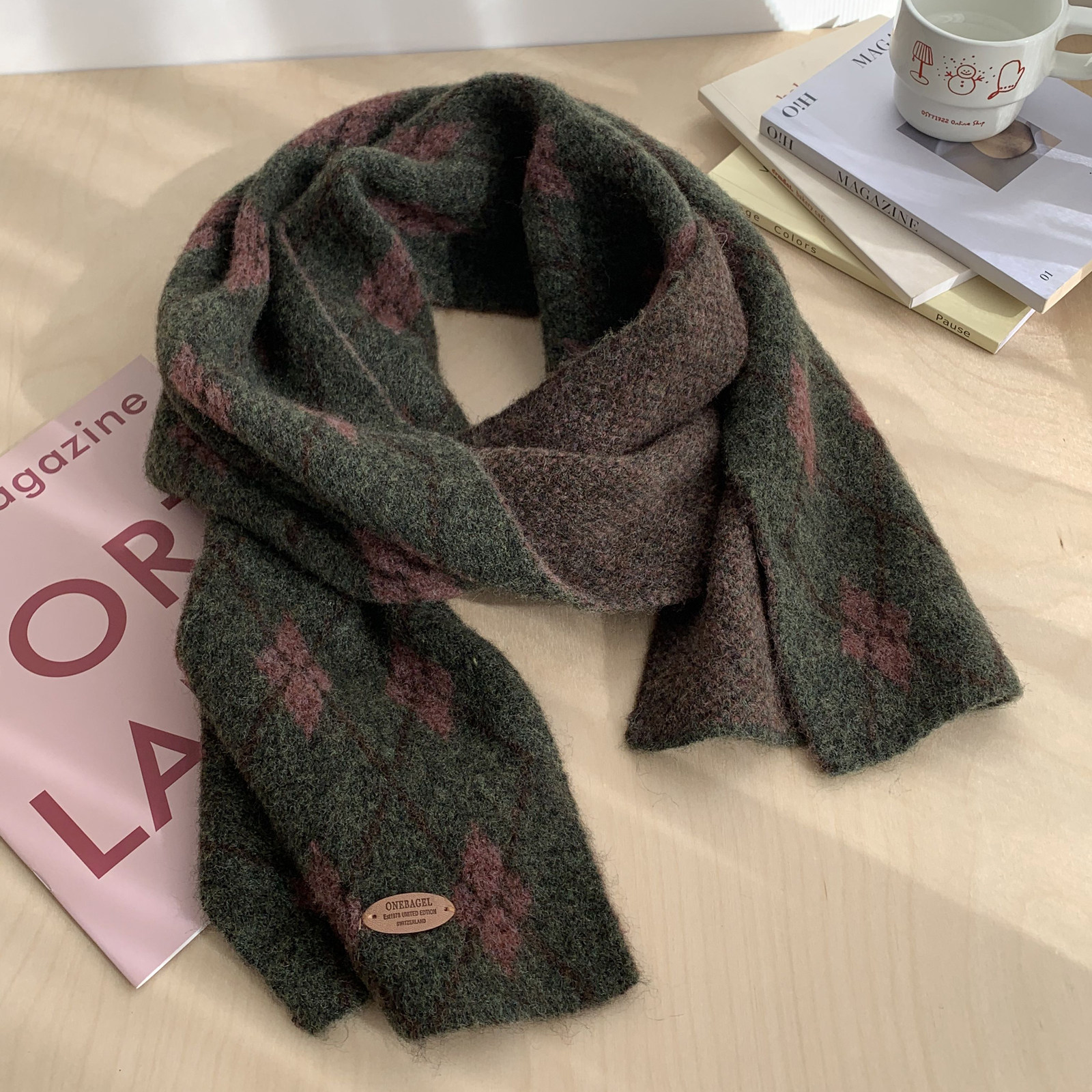 复古菱形格子撞色2025秋冬季新款长款男女保暖毛线针织围巾