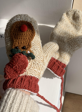 圣诞~卡通可爱挂脖加绒加厚毛线针织红色手套女冬季骑行防寒保暖