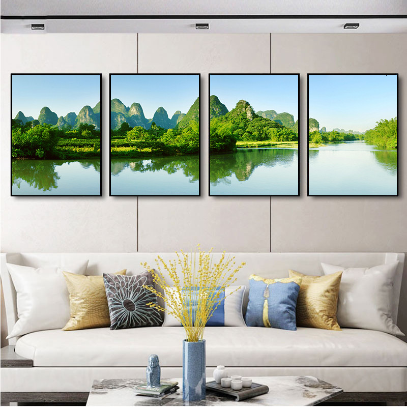 山水风景画四联客厅沙发背景墙挂画大气流水生财壁画中式迎客松画