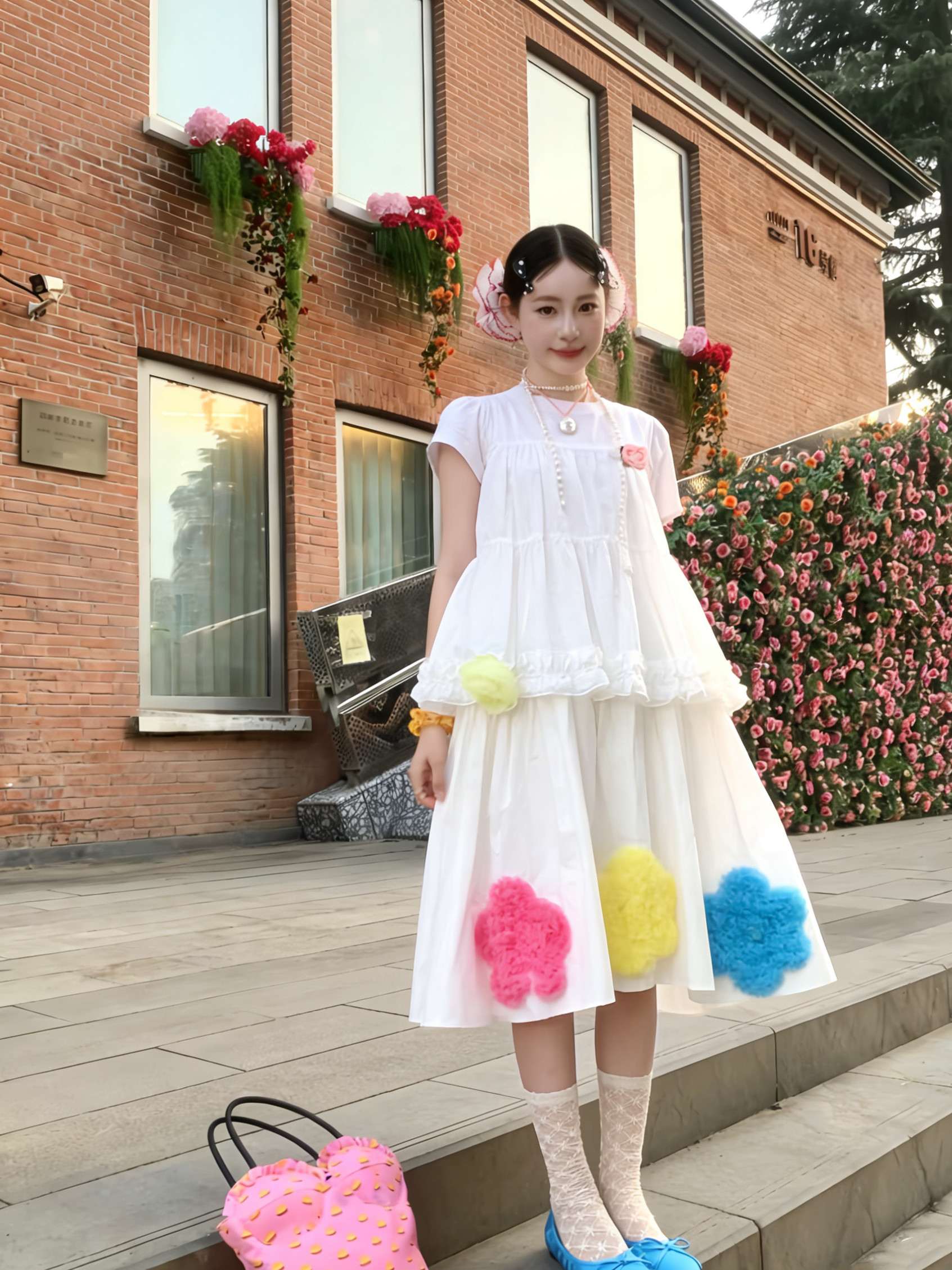 2026春夏新款白色彩色花朵半身裙小众设计高腰显瘦中长款半身裙女