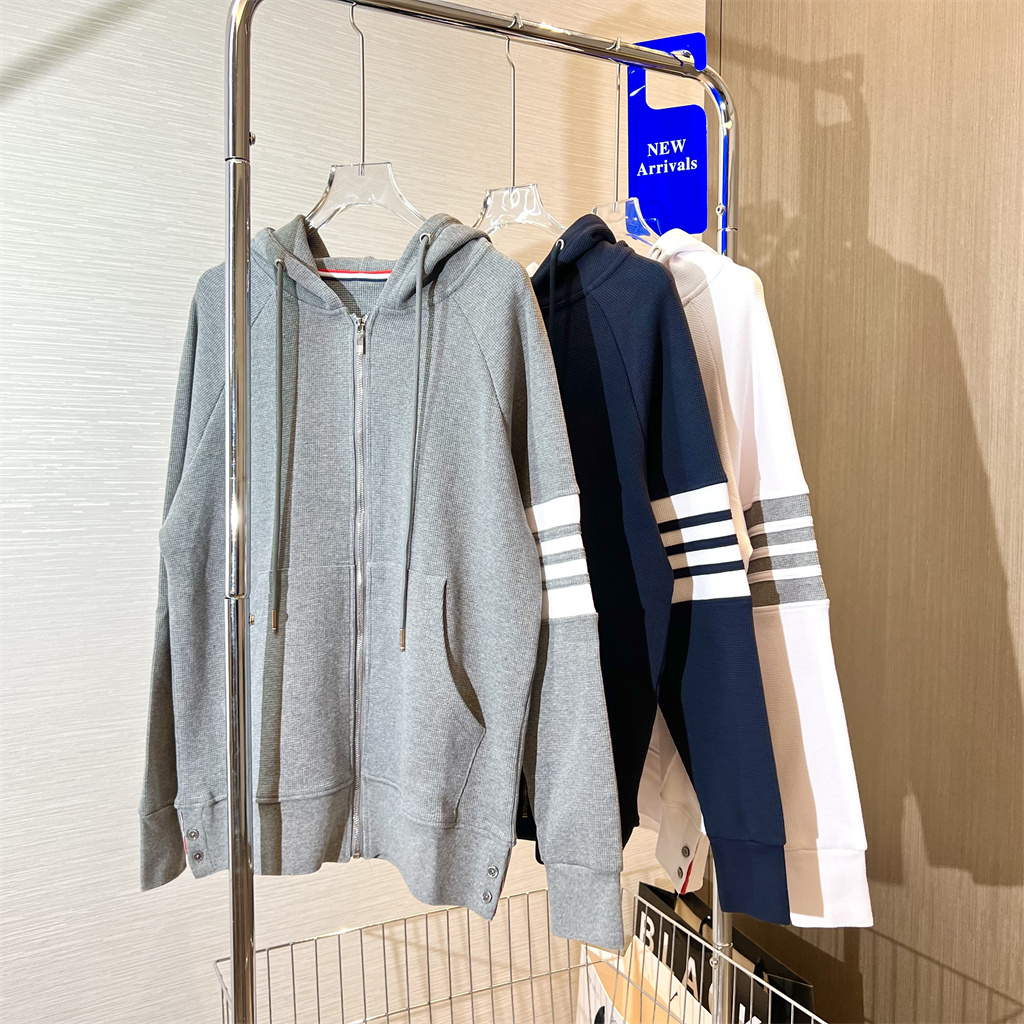 春秋潮牌男女休闲四杠款新款华夫格TB开衫拉链外套宽松连帽