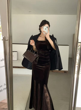 法式辣妹气质名媛蕾丝拼接丝绒吊带长裙性感修身包臀鱼尾裙