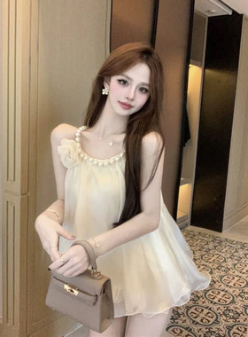 重工感立体花朵珍珠挂脖露肩衬衫小个子显瘦温柔气质上衣女春夏季