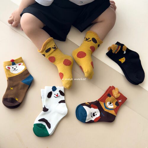儿童袜子春秋卡通纯棉宝宝无骨中筒袜韩系男女童短袜复古小腿袜潮