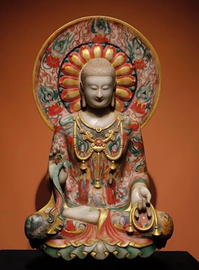 北齐 汉白玉彩绘 佛像 满彩绘佛像，工艺精美 高80cm宽45cm 厚30c