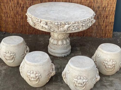 庭院雅置—茶桌 石桌  汉白玉 桌子高76直径108 凳子高40直径30