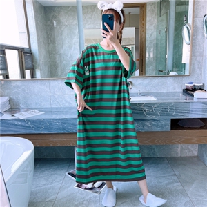 纯棉夏季卡通条纹显瘦胖mm睡裙