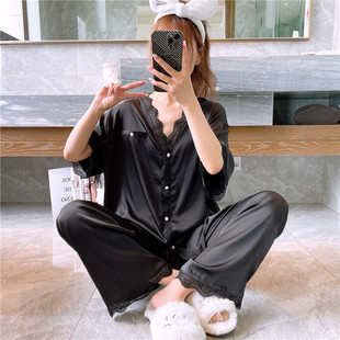 胖mm开衫仿真丝睡衣女大码v领冰丝短袖长裤家居服200斤简约套装夏