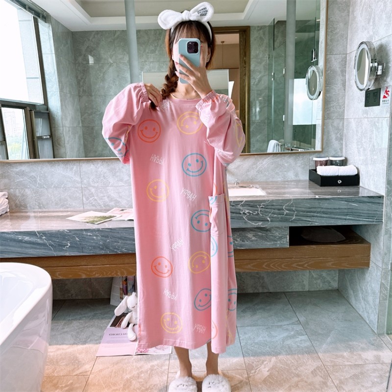 纯棉春秋季可爱笑脸圆领睡裙