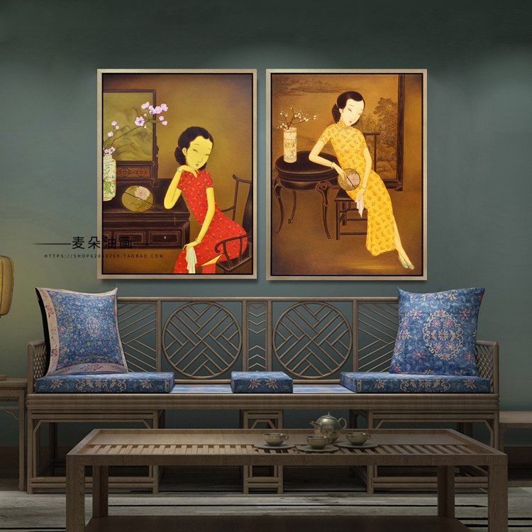 旧时光  纯手绘新中式古典闺房仕女人物油画客厅卧室装饰壁挂画|msdalam kategori Aksesori rumah, lukisan hiasan, lukisan minyak - dari Buy2taobao.com untuk memberikan perkhidmatan ejen Taobao profesional membeli