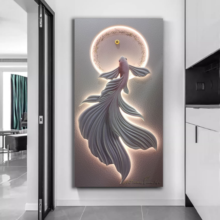 立体浮雕现代砂岩锦鲤鱼聚财走廊过道灯光客厅装饰画入户玄关挂画图片