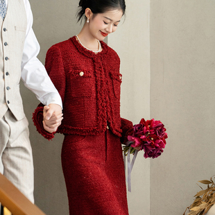 小香风红色套装女冬装高级感两件套装结婚服敬酒服订婚过年拜年服