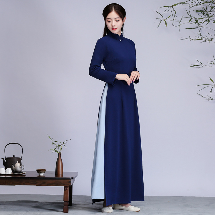 中国风禅意茶服女秋冬中式高端采耳师工作服装改良奥黛旗袍连衣裙