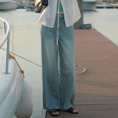 中腰宽松女夏季 休闲阔腿裤 气质法式 LLANO复古水洗浅蓝做旧牛仔裤