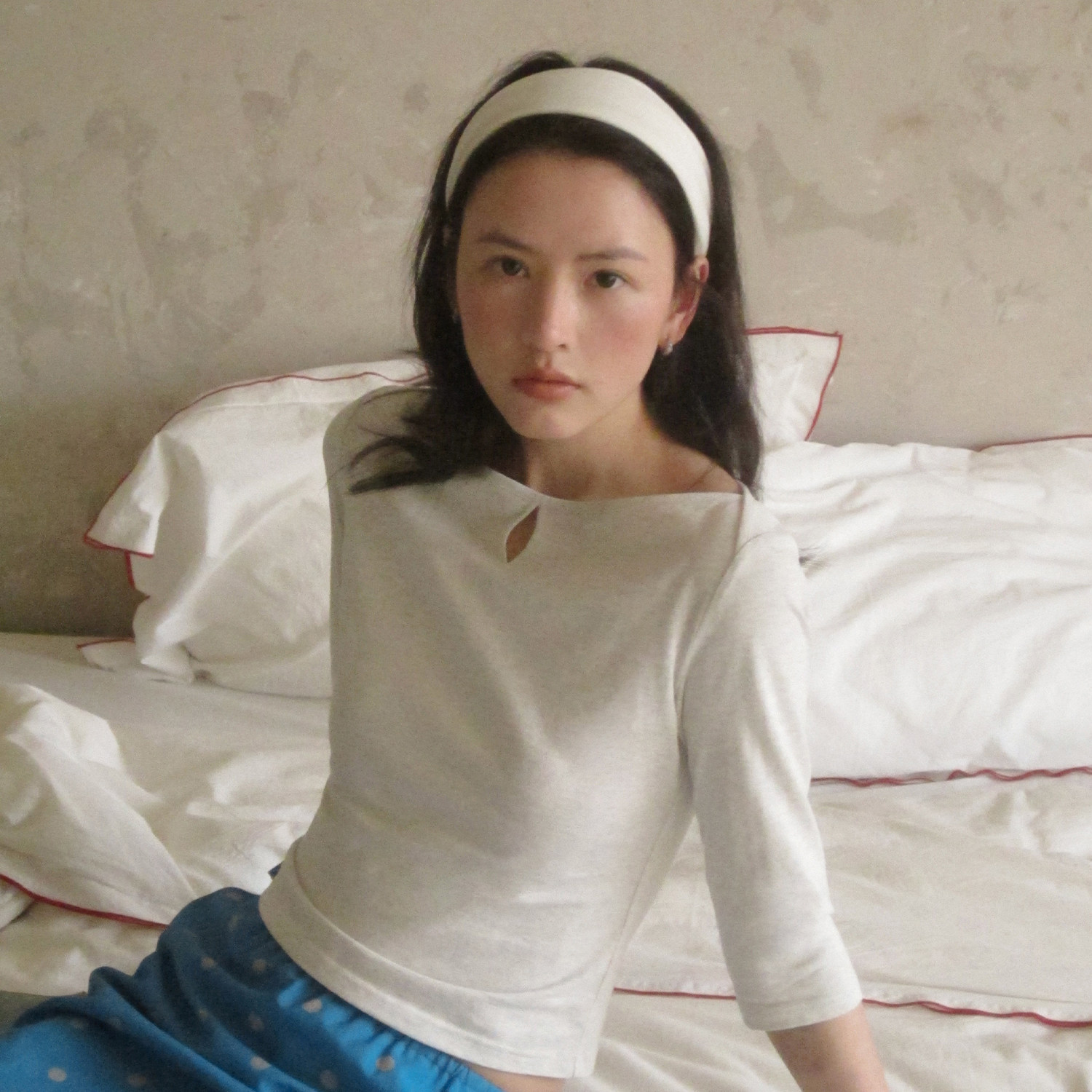 LLANO船领镂空中袖T恤复古法式精致感优雅气质棉质上衣外套女春夏