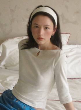 LLANO船领镂空中袖T恤复古法式精致感优雅气质棉质上衣外套女春夏