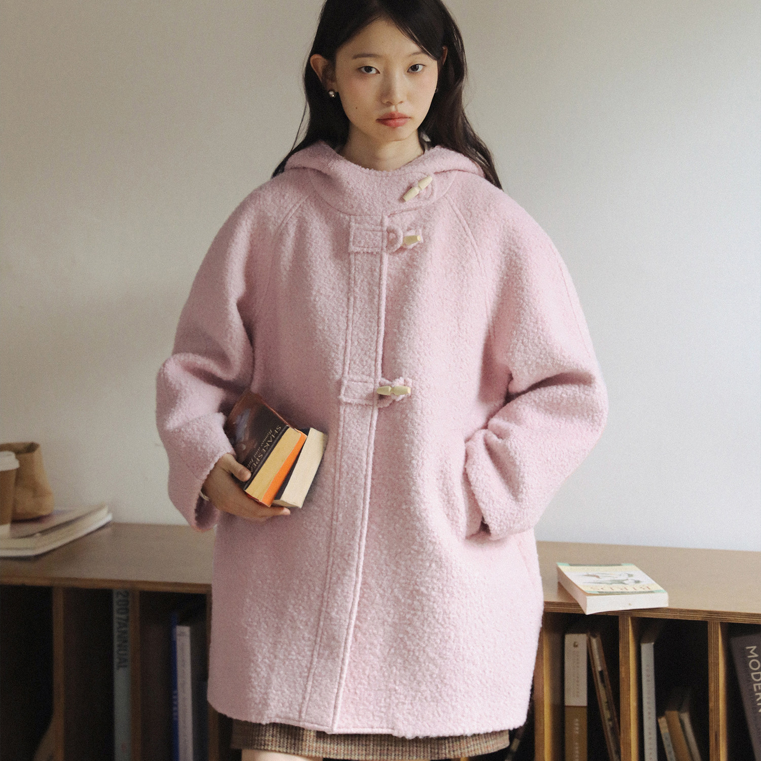 LLANO圈圈呢戴帽大衣65羊毛毛呢复古英伦学院小个子女厚外套秋冬