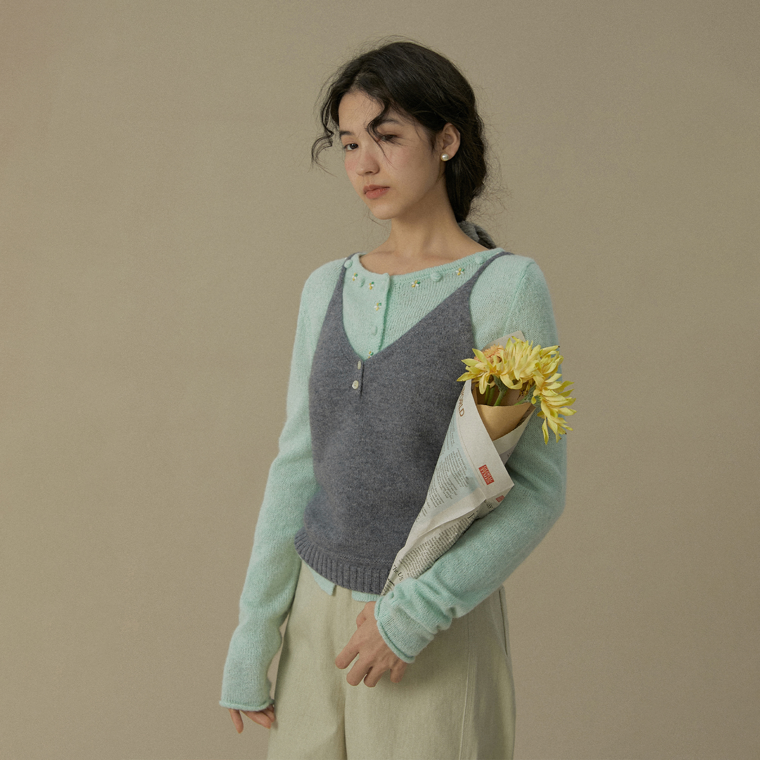 纯羊毛针织吊带背心复古英伦学院