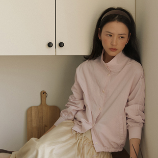 温柔甜美休闲上衣女春季 外套复古法式 夹克短款 LLANO立领压褶衬衫