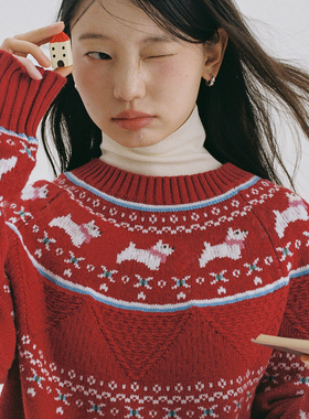 LLANO狗狗费尔岛套头针织毛衣北欧复古法式保暖上衣外套女秋冬季