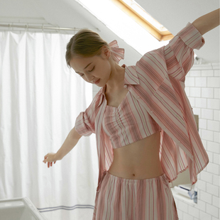 慵懒外搭衬衣女夏季 套装 吊带短裤 LLANO冰丝棉莱赛尔提花条纹衬衫