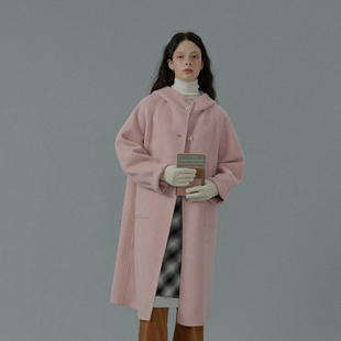 LLANO粉色连帽双面呢大衣呢子复古优雅70毛呢女中长款厚外套秋冬