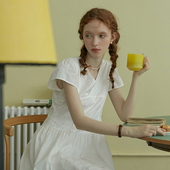 夏季 LLANO云朵白风琴褶V领连衣裙复古法式 优雅温柔可爱中短裙女装