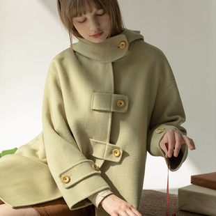 LLANO戴帽双面呢子大衣高级感小个子优雅羊毛毛呢厚外套女春冬季