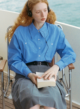 LLANO简约蓝白衬衫气质通勤复古盐系高级感外搭上衣衬衣女装秋季