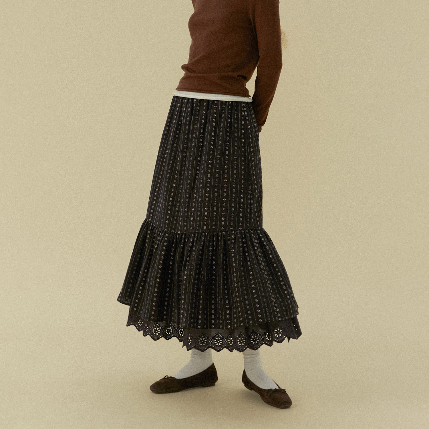 LLANO复古条纹小花大摆半裙