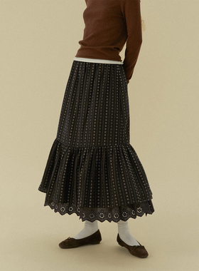 LLANO复古条纹小花半裙半身长裙复古慵懒度假大摆半裙裙子女秋冬