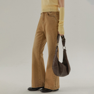 高腰直筒阔腿裤 修身 女夏春 复古美式 LLANO榛果棕复古微喇牛仔长裤