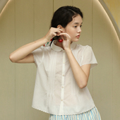 LLANO法式 娃娃领乖巧上衣衬衣女夏季 花边绣小衬衫 复古正肩泡泡袖