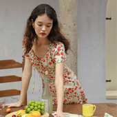 LLANO浆果篮子水果印花法式 连衣裙天丝复古度假可爱中短裙女夏季