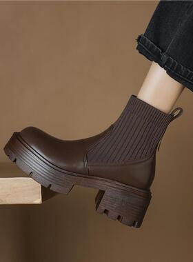 高小个子针织英伦靴靴马丁新款—厚底连袜短靴风女432024跟41大码