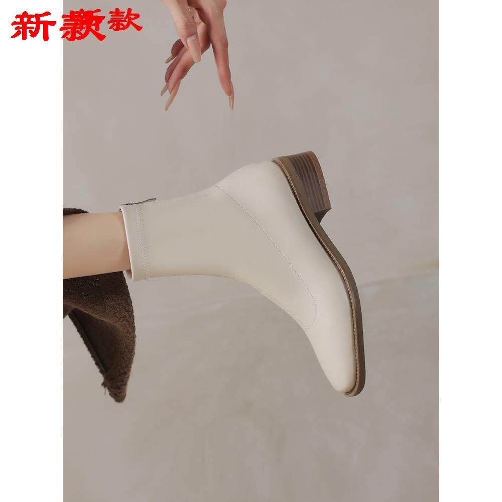 秋冬女鞋法式靴子方头马丁裸靴靴跟粗短靴靴中女跟靴白色弹力瘦瘦,女鞋,时装靴,淘宝优惠券,粉丝福利购,淘宝优惠卷