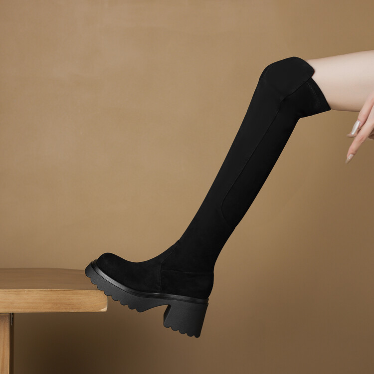 大码厚底过膝长靴女41一43秋冬绒面高跟弹力高筒靴新款粗跟长筒靴