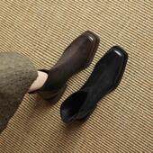 棕色洋气方头百搭一靴女显瘦瘦瘦单靴短靴靴子弹力春秋43女41大码