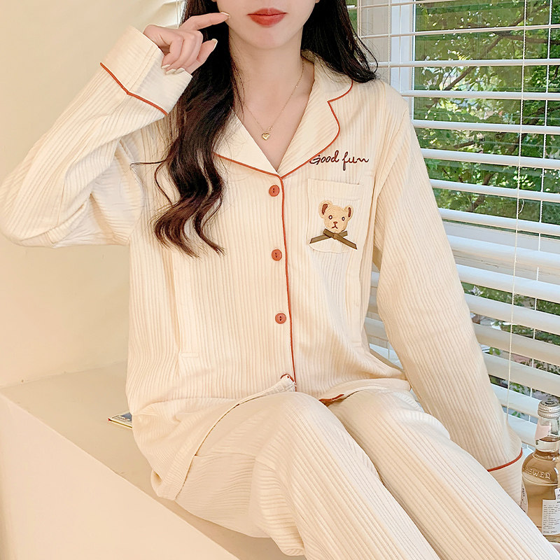 春秋季纯棉产后月子服长袖开衫哺乳睡衣全棉款小熊孕妇家居服套装