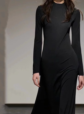 贵气优雅千金轻礼服  桑蚕丝长袖圆领黑色连衣裙  长款真丝度假裙