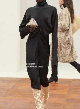 及简风 立裁真丝素邹缎高领黑色连衣裙 长袖桑蚕丝裙子 度假裙子