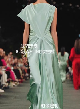 重磅真丝青绿色礼服裙 立裁不规则设计褶皱拖尾桑蚕丝连衣裙 度假