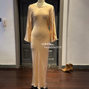 贵气千金轻礼服 玉色重磅桑蚕丝大袖子长连衣裙  度假 真丝长裙